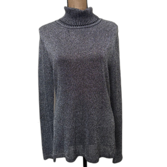 TravelSmith Metallic Knit Turtleneck Sweater Silver Black Evening Size Large - Picture 1 of 7